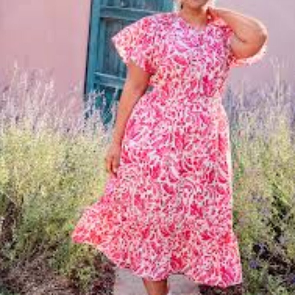 Lane Bryant Pink Floral Flutter-Sleeve Pin-Tuck Sleeve Midi Dress Size 16 NWT